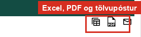 Táknin fyrir Excel, PDF og tölvupóst efst til hægri