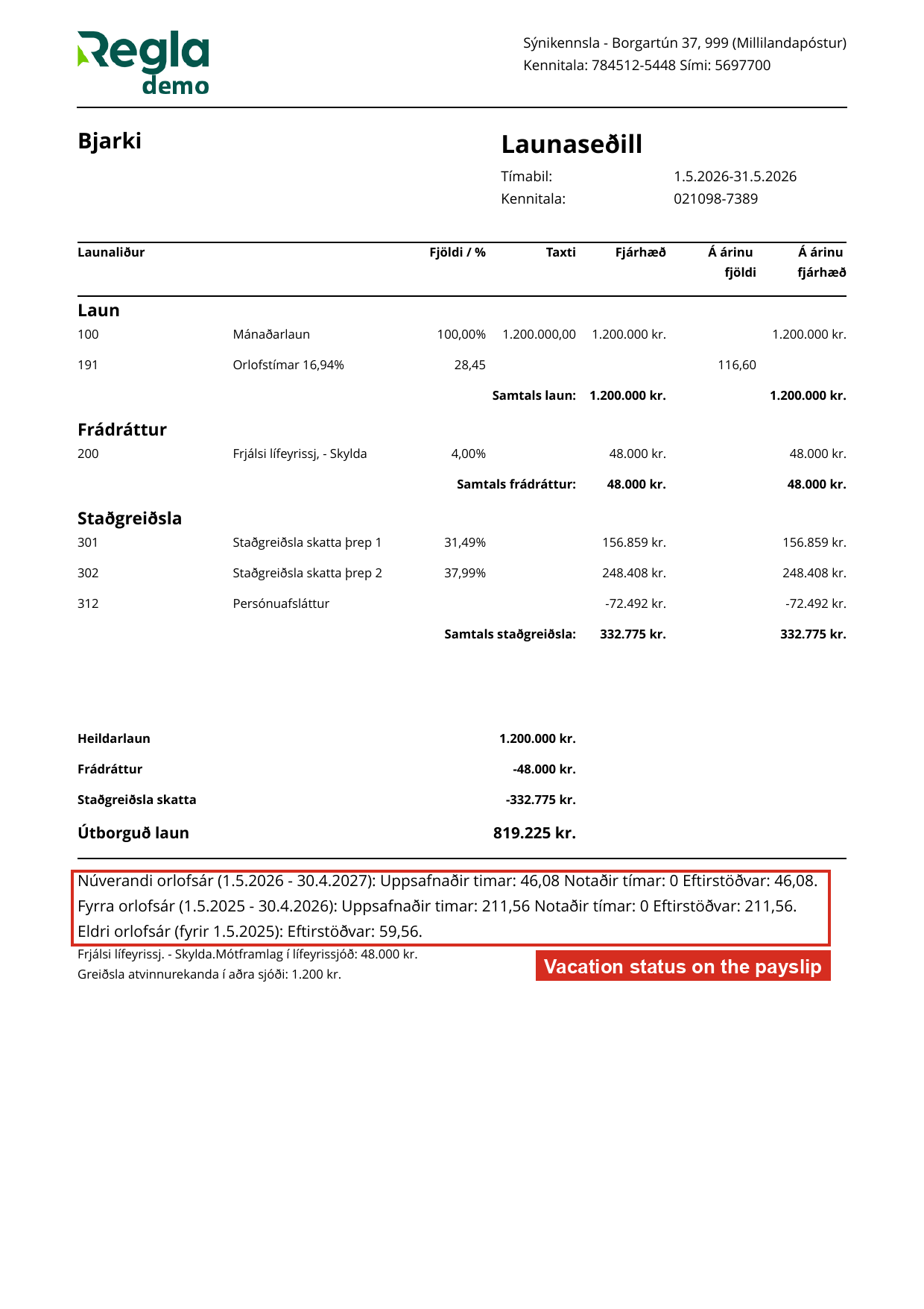 The vacation lines sit at the bottom of the payslip, below the net pay
