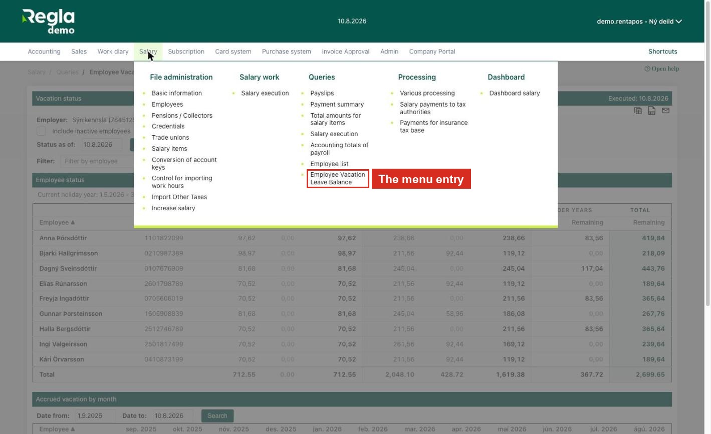 The report in the menu under Salary and Queries