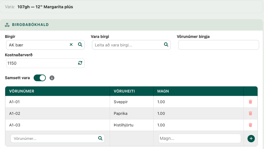 Samsett vara – rofinn og taflan yfir vörurnar sem mynda vöruna