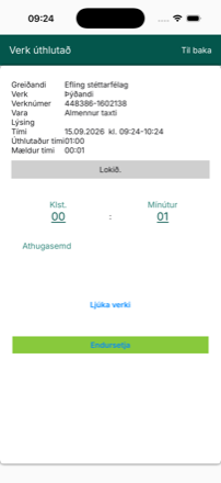 Breytanlegir reitir fyrir Klst. og Mínútur ásamt Athugasemd.