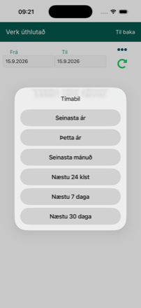 Tímabil valmyndin með sex valkostum.