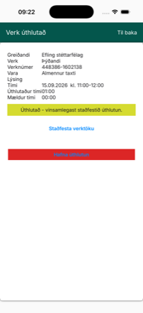 Smáatriði verks með hnöppunum Staðfesta verktöku og rauða Hafna úthlutun.