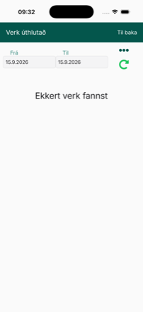 Verk úthlutað skjárinn sýnir „Ekkert verk fannst“ með báðar dagsetningar stilltar á daginn í dag.